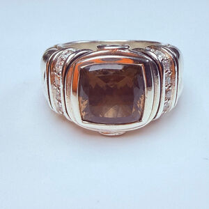 Scott Kay Cushion Smoky Quartz & Diamond Sterling Silver 925 Basket Weave Ring